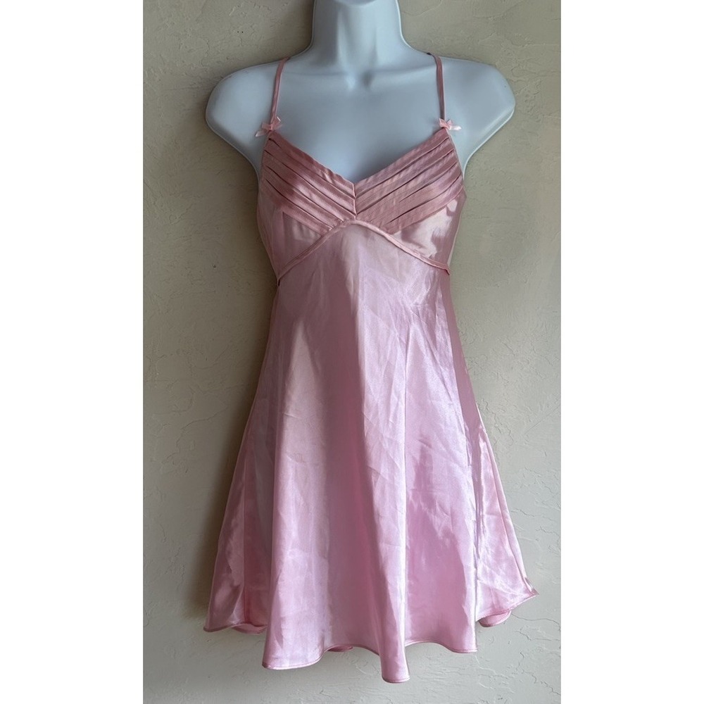 Vintage Flora Baby Pink Satin Mini Slip Dress S Y2K Sheer Mesh Coquette Fairy